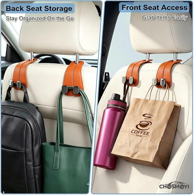 2 Pack Car Seat Hooks, Leather Car Seat Back Hanger for Purses & Bags | Anti-Drop Design, Holds Up to 50 lbs, Car Backseat Organizer, Car Storage Accessories - Image 3