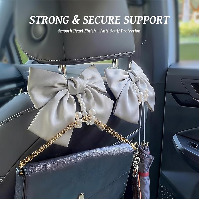 2 PCS Bow Pearl Car Seat Headrest Hook – Cute Purse Hook for Car, Girly Interior Decoration Accessories Hook Hanger, Seatback Holder for Purses & Bags, Elegant Car Organizer (Moonlight Grey) - Image 3
