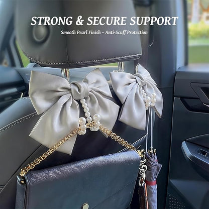 2 PCS Bow Pearl Car Seat Headrest Hook – Cute Purse Hook for Car, Girly Interior Decoration Accessories Hook Hanger, Seatback Holder for Purses & Bags, Elegant Car Organizer (Moonlight Grey) - Image 3
