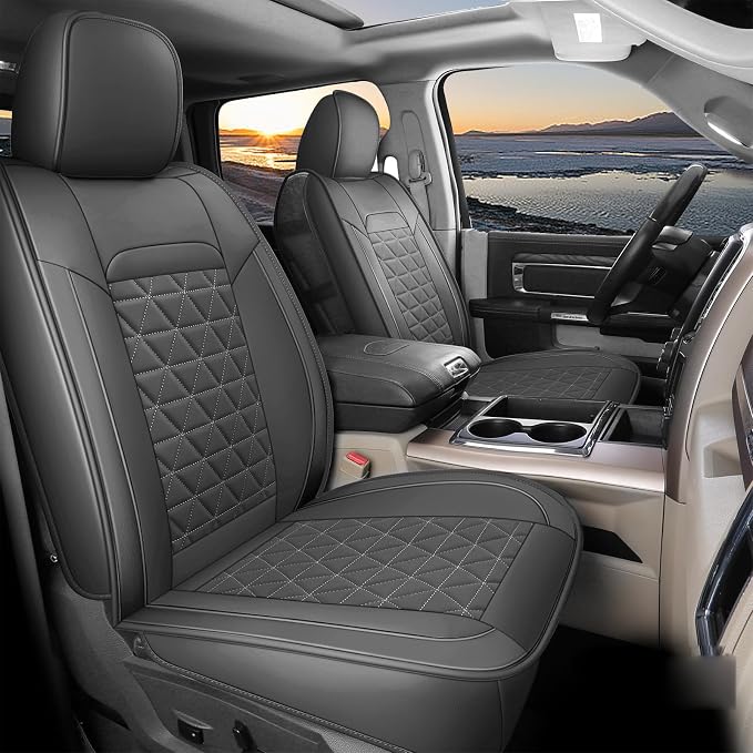 Coverado Dodge Ram Seat Cover Full Set, Waterproof Ram 1500 Seat Cover Compatible with 2002-2026 Dodge RAM 1500 2500 3500 Crew Quad Cab with Curved Bench, Dark Gray by COVERADOAUTO