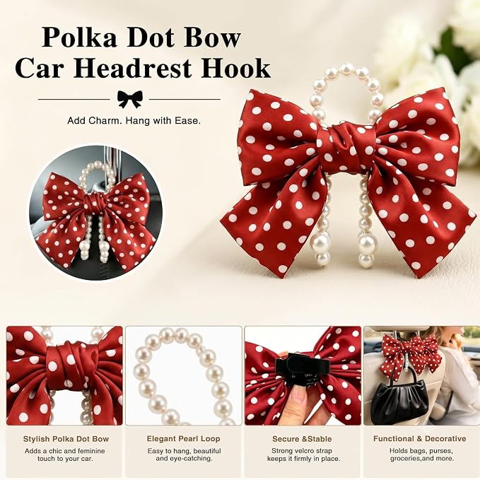 2 Pack Pearl Car Seat Headrest Hook with Bow & Sequin/Leopard/Polka Dot Design – Cute Purse Hanger for Vehicle,Grocery Bags, Umbrellas, Seat Back Organizer for Women (Red Polka Dot) - Image 5