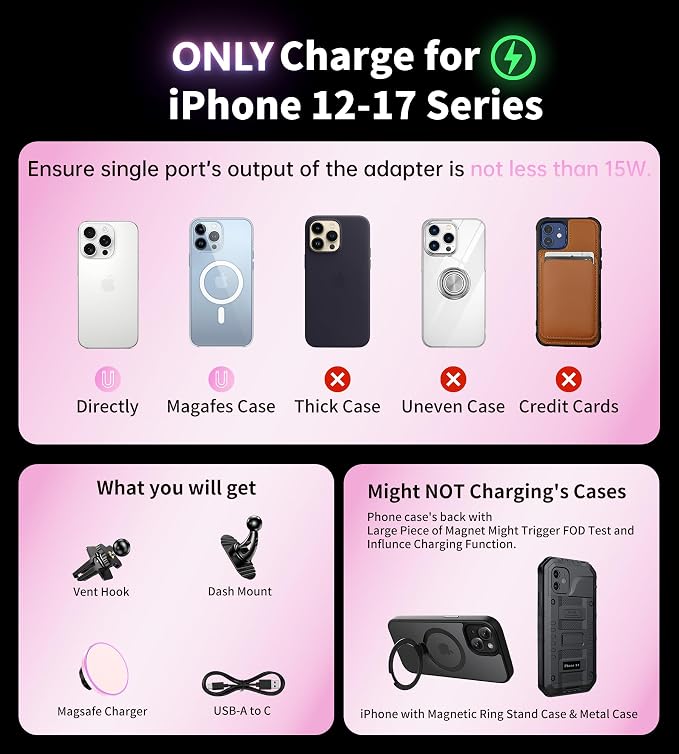 BHHB for Magsafe Car Mount Charger, [2026 Upgrade] 15W 2in1 Magnetic Wireless Car Charger, for Magsafe Car Charger, Vent/Dashboard Phone Holder, ONLY for iPhone 17 16 15 14 13 12 Series (Pink) - Image 2