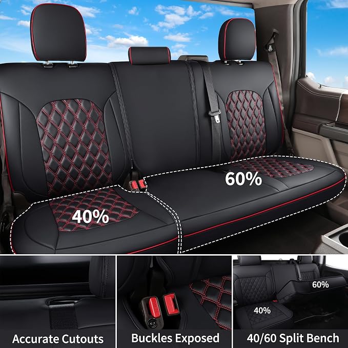 Huidasource Tacoma Truck Seat Covers Custom Fit for Toyota Tacoma 4th Gen(2024-2026) Double&Crew Cab SR SR5 Limited TRD Sport/Off Road Trailhunter, Front & Rear Car Seat Cover(Full Set/Black&Red) - Image 3