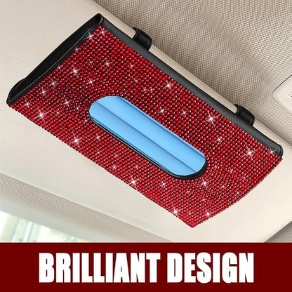 Bling Car Sun Visor Tissue Box Holder, Car Visor Tissue Holder, PU Leather with Bling Crystal Rhinestones Tissue Holder, Backseat Paper Towel Cover Case Auto Accessories for Women (Red) - Image 6