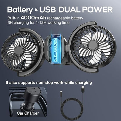 Dealswin Rechargeable Car Fan for Backseat Kids Baby, Battery and USB Dual Power Car Fans, Powerful 3 Speeds 360° Rotatable Dual Head Cooling Car Seat Fan for Sedan SUV RV Truck Vehicle - Image 2