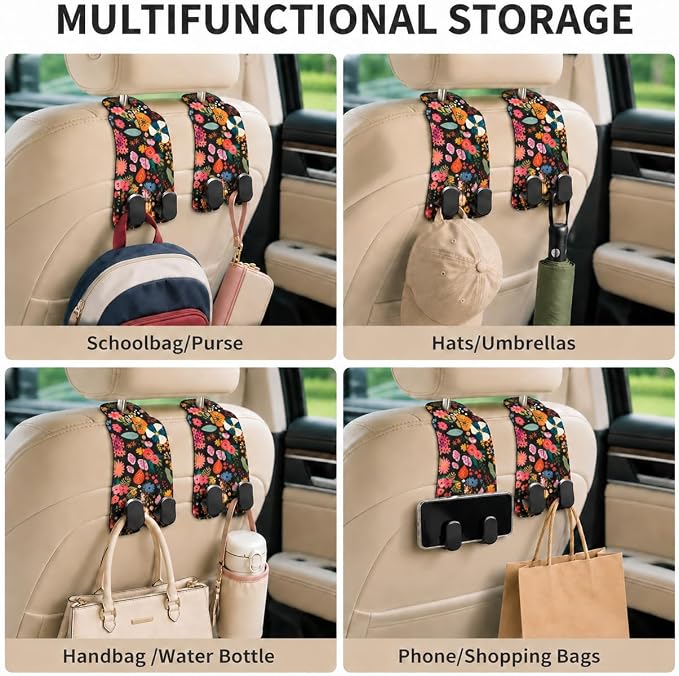 Cute Floral Car Seat Back Storage Headrest Hooks for Purses & Bags – 2PCS PU Leather Dual Metal Hooks, Backseat Organizer Accessories - Image 6