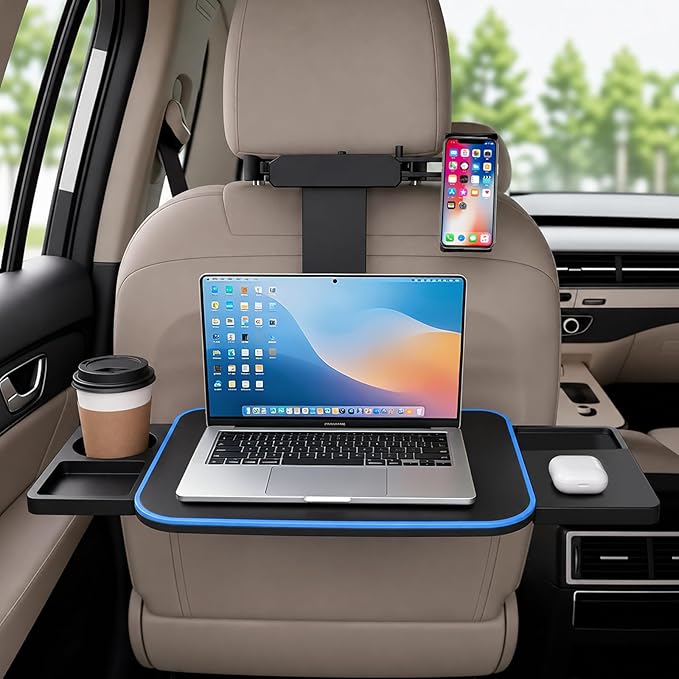 Large Car Tray Table for Back Seat with Adjustable Height | Foldable Car Desk for Laptop , Hidden Cup Holder & Phone Holder, Heavy Duty Travel Food Tray for Eating Working Road Trips by MOOMARTO