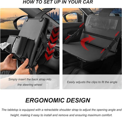 Car Steering Wheel Tray, Foldable Car Laptop Desk Eating Food Tray with Transparent Holder & Tissue Box, Adjustable Back Seat Headrest Table for in-Car Dining Working Studying (Red) - Image 6