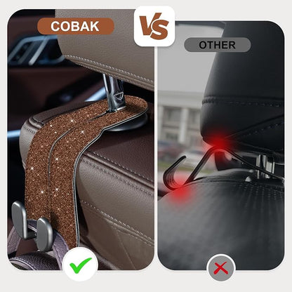 CoBak Purse Hook for Car - Universal Premium Stitched Leather and Aluminum-Magnesium Alloy Double Car Seat Back Storage Hook for Purses, Handbags, Bags (2 Pack),Brown Glitter - Image 3