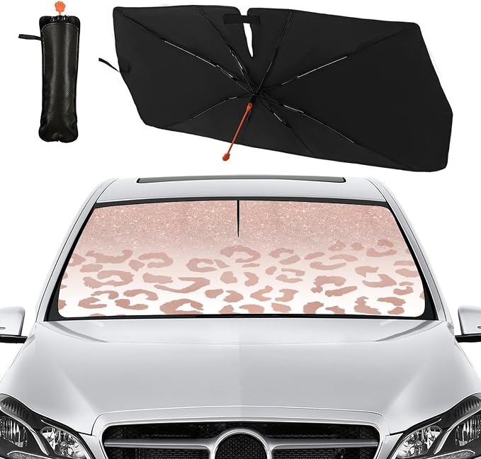 Socira Rose Gold Leopard Car Windshield Sunshade Umbrella Foldable | Umbrella Cute Sun Shade Windshield Cover Sunshade Leopard Print Car Accessories Keeps Cool (57" X 30") - Image 8