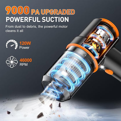 KMM Handheld Car Vacuum Cleaner, 9000PA Hand Held Vacuum & Air Duster | 120W High Power, Portable, Cordless, Rechargeable, Multi-Nozzles & LED Light, For Home, Car, Office - Image 2