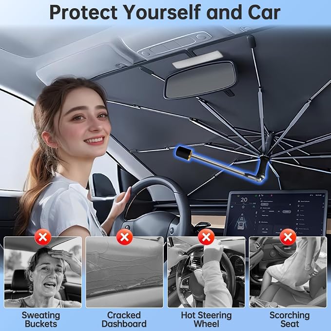 Windshield Sun Shade Umbrella for Volkswagen Tiguan 2018-2026 Front Window | 360 Rotation Foldable Car Sunshade, Highly Reflective Auto Sun Shield Cover for UV Protection, Keep Car Cool Accessories - Image 6