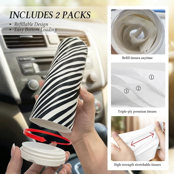 Car Tissues Cylinder for Cup Holder - Refillable Round Tissues Canister with 2 Packs Tissue - Wild Safari Car Interior Decor Accessories for Women & Men - Fits Standard Cars Cup Holders (Zebra Print) - Image 5