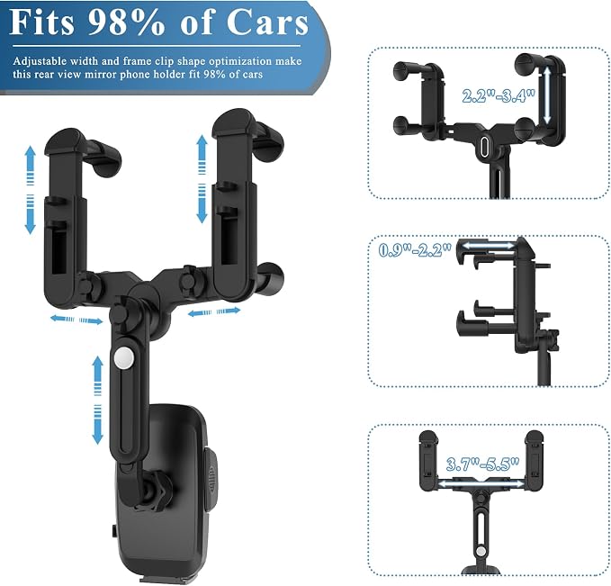 Phone Mount for Car, Rear View Mirror Phone Holder, Rotatable and Retractable Car Phone Holder Mount Rearview Mirror Phone Holder for Car Compatible with iPhone Samsung Cell Phones (Blue) - Image 2