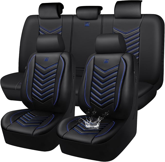 CAR PASS 3D Foam Faux Leather Seat Covers Full Set, Waterproof Leather Seat Cover for Cars, Luxury Universal Fit for SUV Truck Sedan Automotive, Armrest Airbag Compatible Anti-Slip, Black and Blue by CARPASS