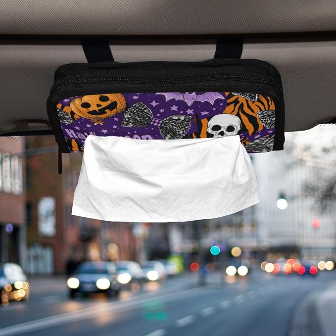 Car Tissue Holder Car Napkin Holder Car Tissue Box Dispenser Storage Case Sun Visor Mask Holder with Adjustable Straps Reusable Refillable Halloween Tiger Stripe Purple Orange - Image 5