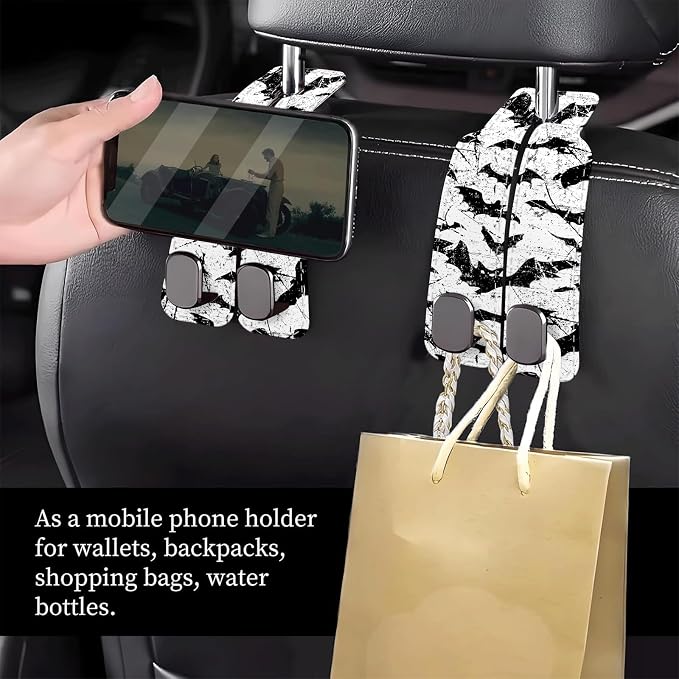 Car Seat Headrest Hook, Universal Leather Cute Hanger Holder Hook, Storage Organizer Interior Accessories for Purse Bags Handbag Black White Bats - Image 2