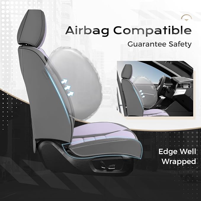 Coverado Car Seat Covers Full Set, Nappa Leather Seat Covers for Cars, Car Seat Protector Car Seat Cushion, Front and Back Seat Protectors Cushions Universal Fit for Most Cars Vehicles(Gray&Purple) - Image 4