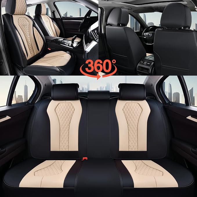 Coverado Car Seat Covers, Leather Seat Covers Full Set, Beige Seat Covers, Car Seat Cushion, Driver Car Seat Covers, Waterproof Car Seat Protector Fit for Most Cars - Image 8