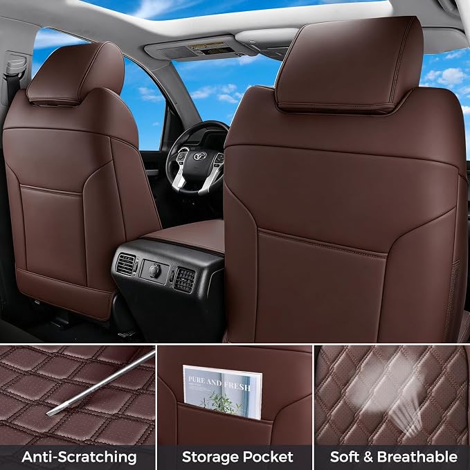 Huidasource Coffee Seat Covers Fit for Toyota Tacoma 2005-2015 Double & Crew Cab Base Prerunner SR5 Limited TRD Sport, Automotive Waterproof Leather Car Seat Cushion Cover(Full Set/Coffee) - Image 5
