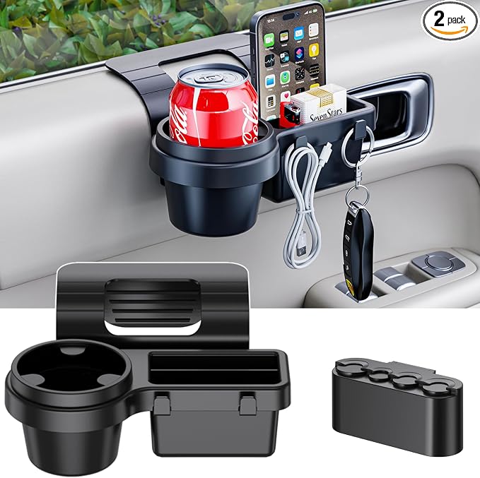 Extra Hanging Car Door Window Drink Coffee Cup Holder with Storage Organizer Tray | Coin Holder Change Organizer Fits Most Vehicles, Trucks Interior Car Gadgets Accessories by Qlhshop