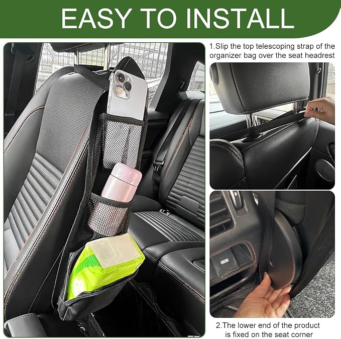 Car Seat Side Storage Pocket, Car Seat Organizer Hanging Bag (1, black-2) - Image 6