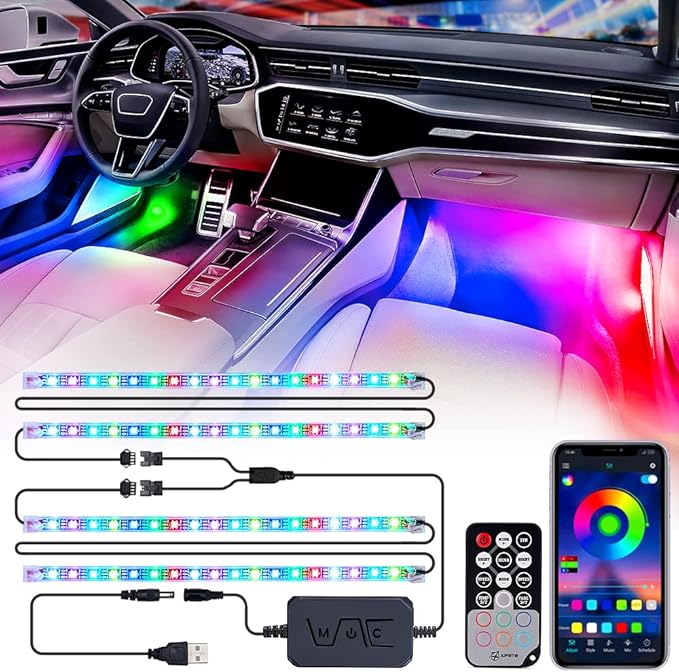 Xprite Dreamcolor USB LED Cars Interior Lights Strip Kits, w/Remote & Bluetooth APP Control, Footwell Under Dash RGB Neon Chasing Inside Lights, DIY Music Mode, Universal for Vehicle Trucks UTV ATV by Xprite