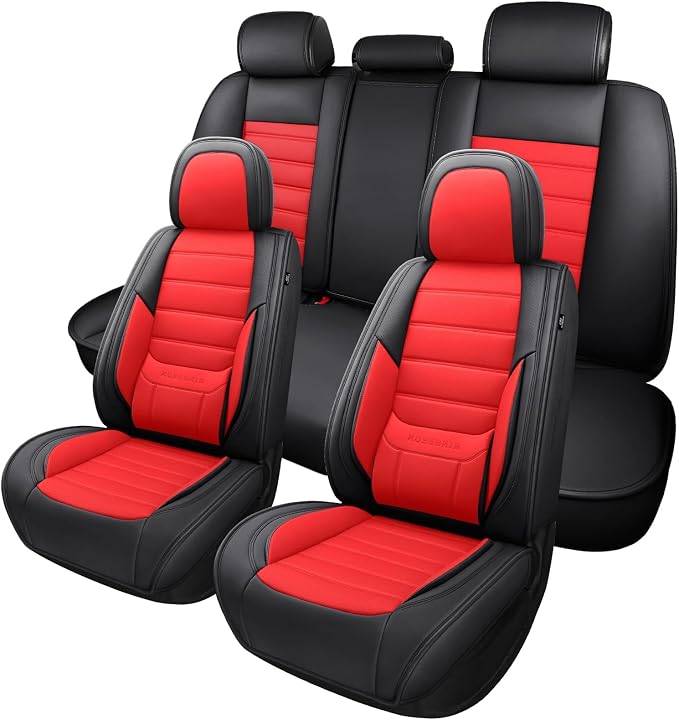MINGBRON Car Seat Covers Full Set,Black White Car Seat Cover, Car Seat Protector Waterproof, Nappa Leather Car Seat Cushion Fit for Most Cars Red by MINGBRONCARSEATCOVER