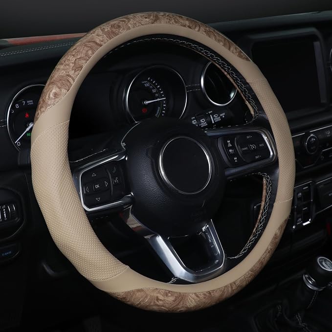 KAFEEK Wood Grain Steering Wheel Cover, 14.5-15 inch, Beige | Breathable Microfiber Leather, Non-Slip, Universal Fit Cars, SUVs, Truck by KAFEEK