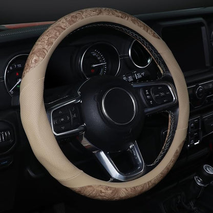 KAFEEK Wood Grain Steering Wheel Cover, 14.5-15 inch, Beige | Breathable Microfiber Leather, Non-Slip, Universal Fit Cars, SUVs, Truck by KAFEEK