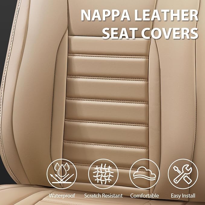CAR PASS Nappa Leather Car Seat Covers Front Seats, Luxury Seat Protector for Cars, Waterproof Anti-Slip Seat Cushion Airbag Compatible Universal for Sedan SUV Pick-up Truck Automotive Vehicle, Beige - Image 4