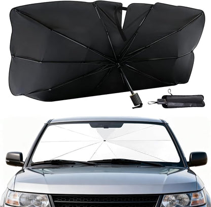 Windshield Sun Shade Umbrella Vinyl Titanium Silver Coating Heat Shield | 55 × 31.5 (in); 6 layers of thermal insulation and cooling materials; Concave umbrella reflects more heat; UV protection by BIRDDIE