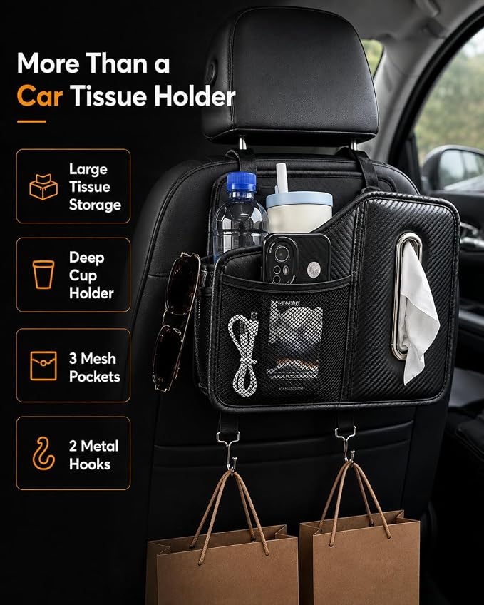 Car Tissue Holder, Leather Back Seat Organizer with Cup Holder & 2 Hooks | | Fits 100-160 Count Tissue Boxes, Keeps Drinks & Small Items Within Reach,3 Storage Pockets, Secure Headrest Mount - Image 2