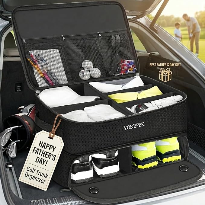 YOREPEK Golf Gifts for Men, 2 Layer Golf Trunk Organizer for 2 Pair Shoes | Waterproof Car Trunk Locker with Separate Ventilated Compartment for Balls, Tees, Clothes, Gloves, Birthday Gifts for Golfers - Image 3