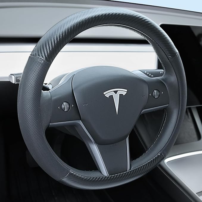 Uxcer Carbon Fiber Leather Steering Wheel Cover for Tesla Model 3/Y 2016-2025 2026 Juniper/Highland, Non-Slip Breathable Steering Wheel Protector for Tesla Model 3/Y Accessories 2026 by Uxcer