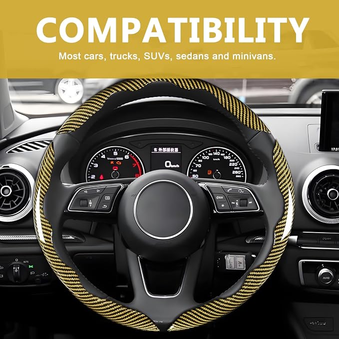 3pcs Universal Carbon Fiber Steering Wheel Cover - Anti-Slip & Segmented Design, Universal 99% Durable Steering Wheel Protector for Men and Women, Car Interior Accessory (Yellow) - Image 7