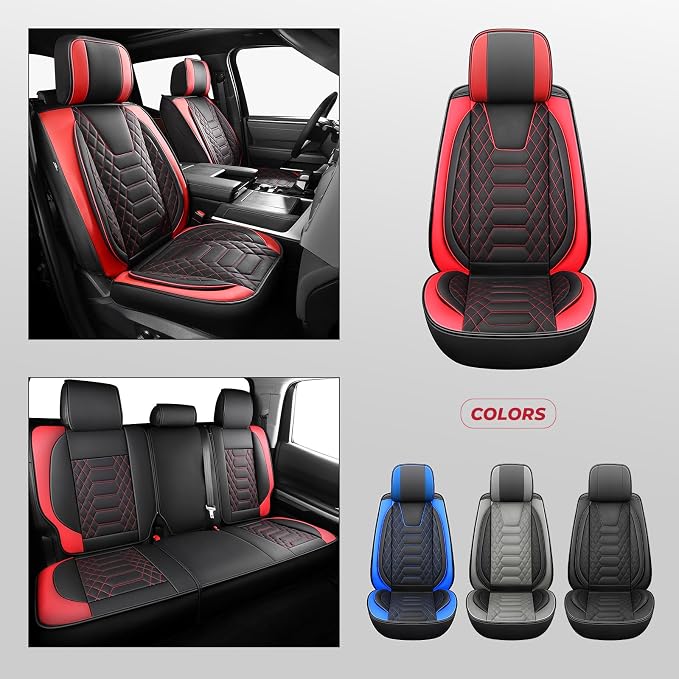 FREESOO Custom for Toyota Tundra Seat Covers 2022-2026 Crewmax Double Cab | Custom Fit, Full Set, 60/40 Split Bench, Waterproof Leather, for Truck Toyota Tundra Accessories, BlackRed - Image 6