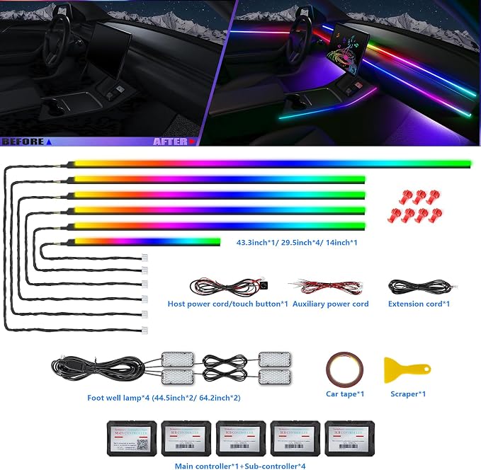 Acrylic Interior Car LED Strip Light with Wireless APP, RGB Dreamcolor 10 in 1 with 175 inches 600 LEDs Fiber Optic Strip Lights for Car, Dynamic Chasing Sound Active Neon Car Ambient Lighting Kits - Image 3