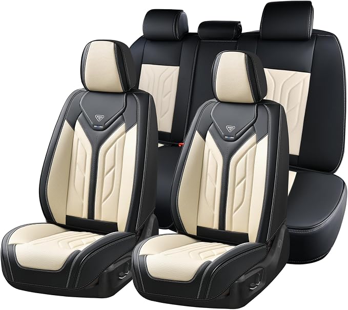 Coverado Seat Covers, Car Seat Covers Full Set, Leather Seat Covers for Cars, Automotive Seat Covers Car Seat Protector Car Accessories Fit for Most Sedans SUV Pick-up Truck(Black&Beige) by COVERADOAUTO