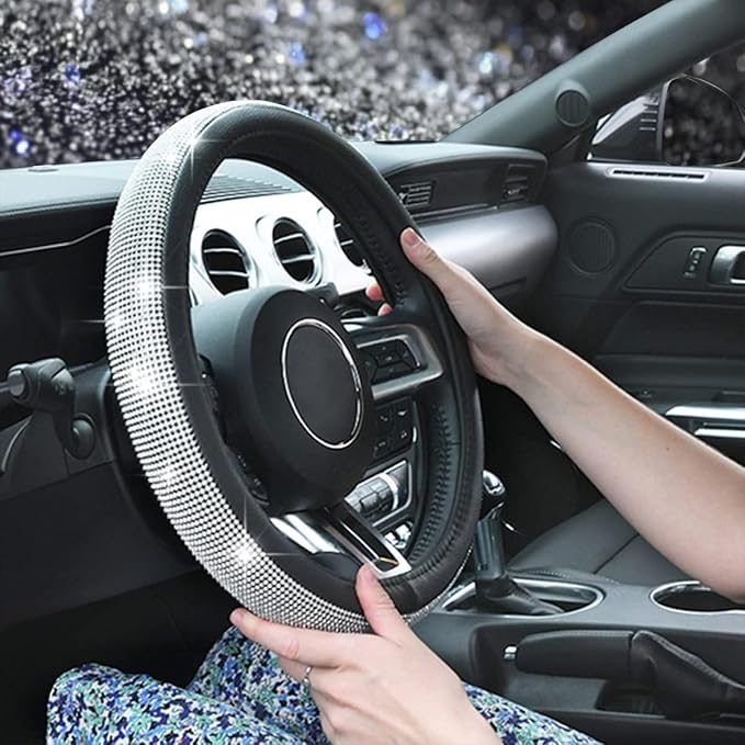 CAR PASS Bling Silver Diamond Leather Steering Wheel Cover, with Sparkly Crystal Glitter Rhinestone Universal Fit 13" 1/2-14" Small Car Wheel Protector for Women Girl Fit Car,SUV,Van,Sedan, Silver - Image 8