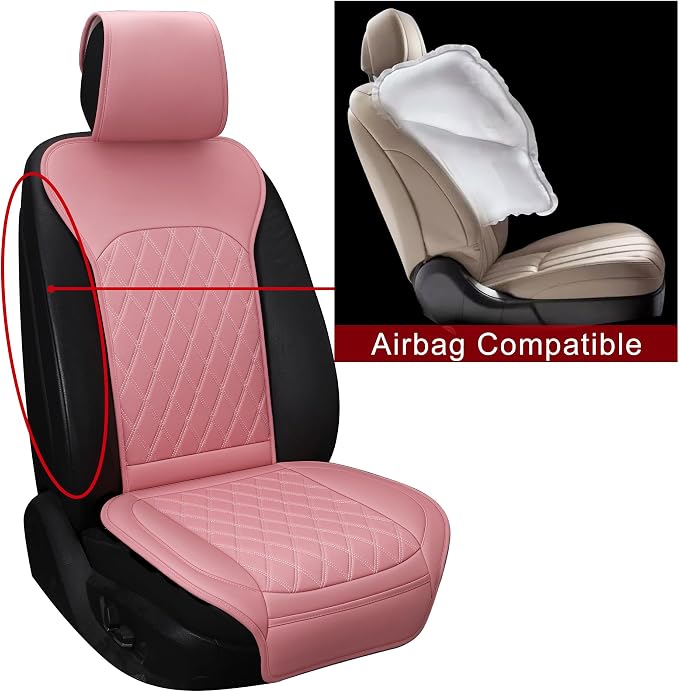Front Car Seat Covers - Leather Seat Covers with Storage Pocket and Two Belt Pads, Anti-Slip Waterproof Universal Seat Covers for Cars Fit Cars Trucks SUV(Pink,2 Pack) - Image 6