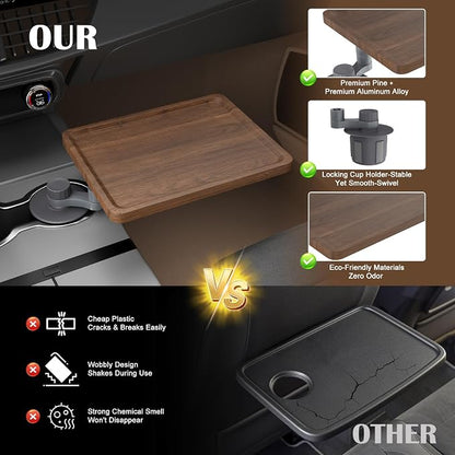 Car Tray & Car Desk for Laptop with Anti-Slip Protective Mat, 360° Rotating Wood Cup Holder Table, Eating Food, Working, Compatible with Tesla Model Y/3/S, Ford F150/Explorer/Maverick & Most Vehicles - Image 4