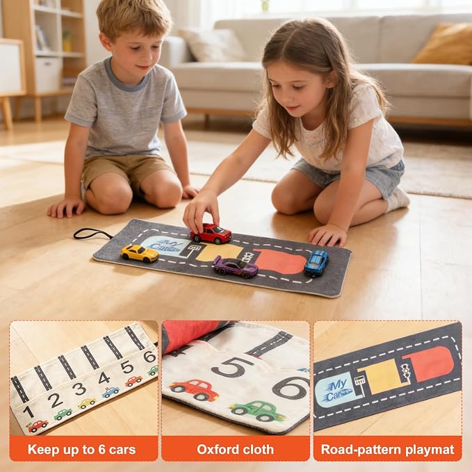 Portable Toy Car Storage Roll and Playmat - Travel Car Carrier Organizer Case for 6 Small Cars - Compatible with Hot Wheels & Matchbox, Toddler Quiet Play Activity Mat for Airplane - Image 5