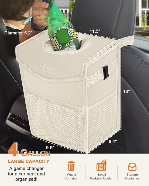 Pritent Car Trash Can with Lid Leakproof Car Garbage Bag Vehicle Trash Bin | Hanging Automotive Garbage Can,Multipurpose Car Accessories for Women Men Interior Car Storage Organizer(4 Gal,Beige) - Image 2