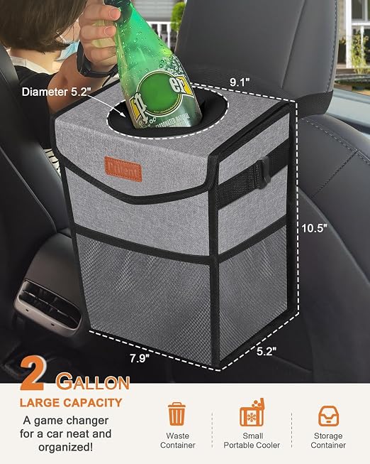 Pritent Car Trash Can with Lid Leakproof Car Garbage Bag Vehicle Trash Bin | Hanging Automotive Garbage Can,Multipurpose Car Accessories for Women Men Interior Car Storage Organizer(2 Gal,Grey) - Image 2