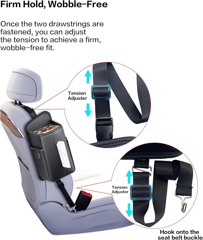 Car Tissue Holder for Front Seat (2 Pack) | Wide Refill Opening, 2 Side Mesh Pockets for Phones & Cards, Fits 150 Tissues, Durable PU Leather - Image 8