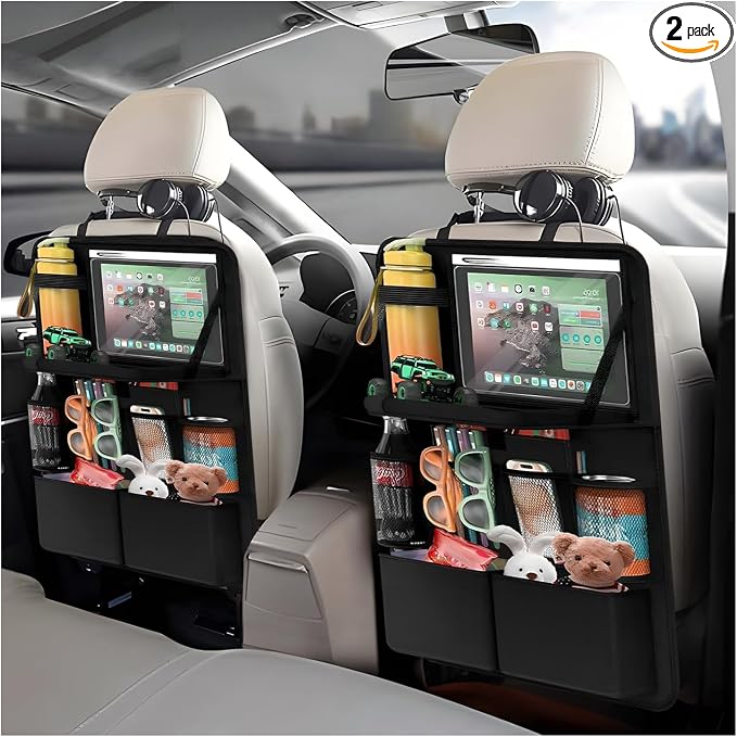 2 PCS Car Backseat Organizer with Tray, Waterproof Back Seat Protector with Touch Screen Tablet Holder, 11 Storage Pockets Anti-Scratch Kick Mat Universal for Family Road Trips by Unknown