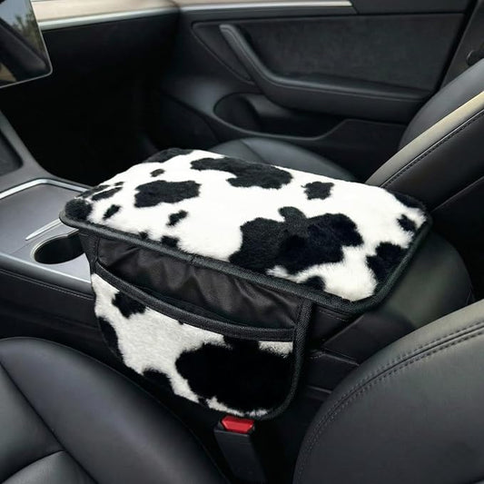 Plush Fuzzy Car Center Console Cover with 2 Side Pockets, Cow Print | Fluffy Armrest Cushion Pad,Soft Car Interior Accessories with Storage for Men & Women,Universal Fit for Vehicles SUV Truck - Image 2