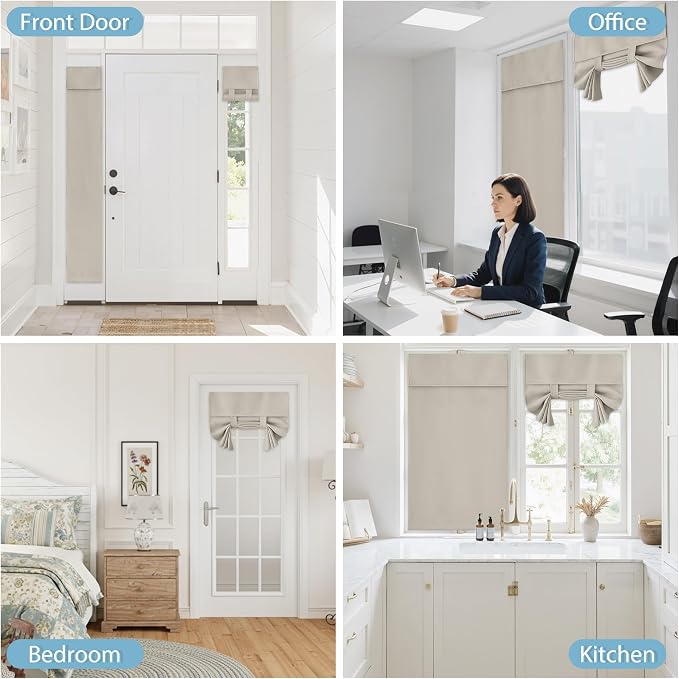 RYB HOME Blackout Door Window Curtains for Kitchen Back/Front Frchen Door | Self Adhesive, Privacy Glass Window Curtain, Half curtains for Windows, Renter Friendly, W26 x L40, Natural, 1 Panel - Image 9