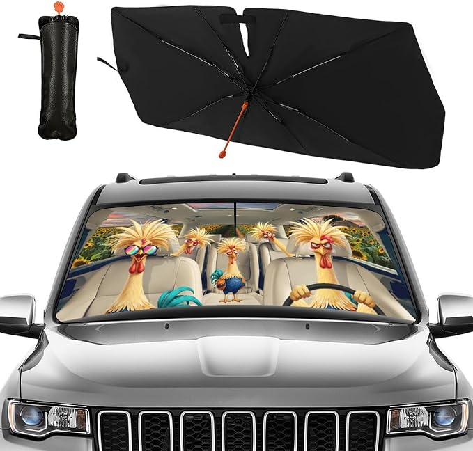CHILL·TEK Funny Rooster Car Windshield Sun Shade Umbrella, Funny Chicken Car Sun Shade Umbrella, Block UV Rays Heat Foldable Windshield Umbrella Sun Visor Protector - Keep Vehicle Cool for Cars SUV - Image 2